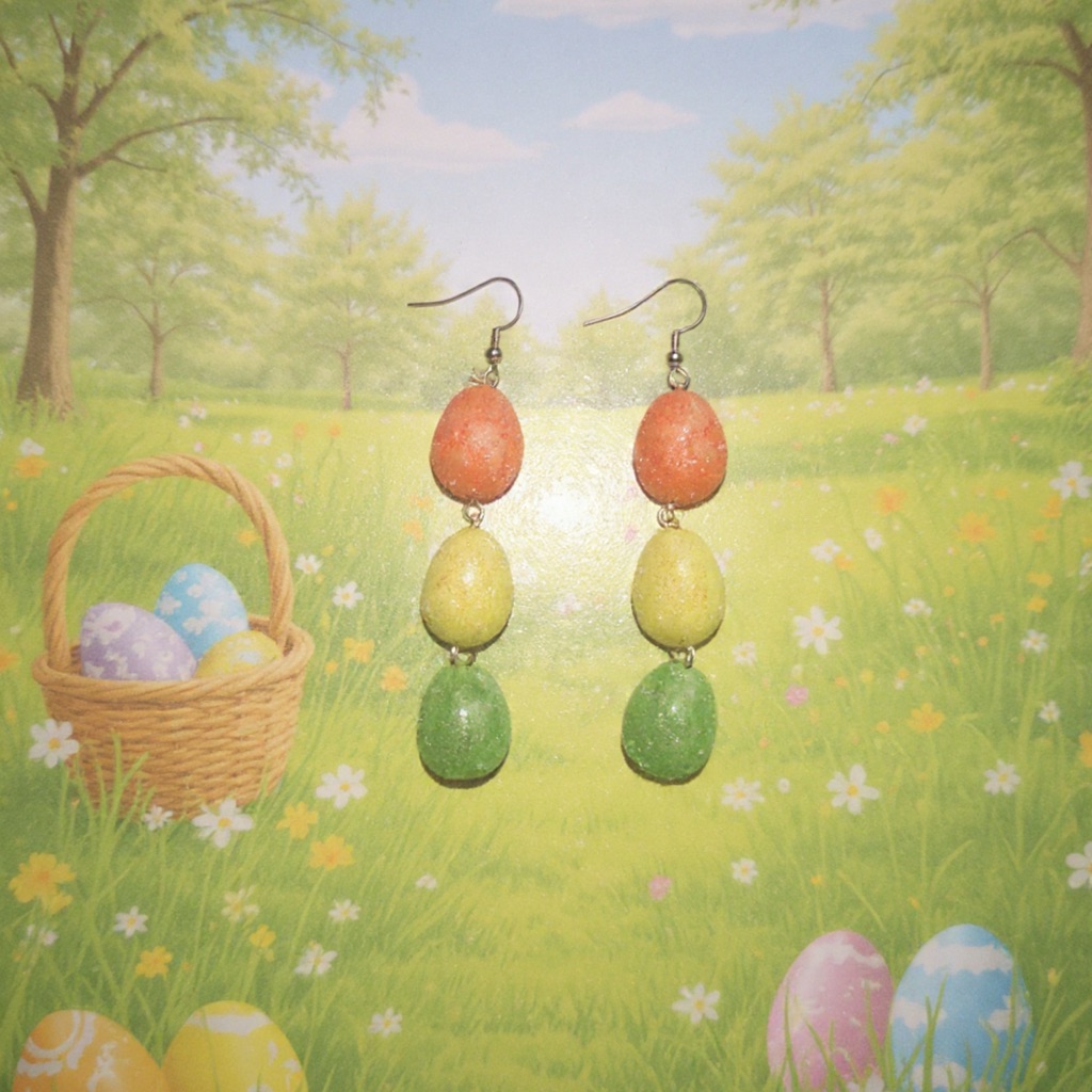 Handcrafted Glitter Easter Egg Drop Earrings In Orange, Yellow & Green